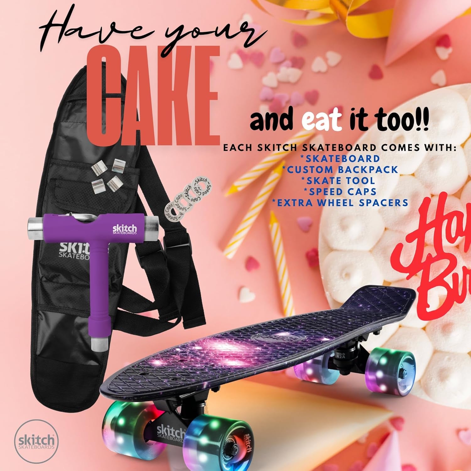Complete Skateboard Gift Set for All Ages with 22 Inch Mini Cruiser Board + Skateboard Backpack + Skate Tool + Tote Bag